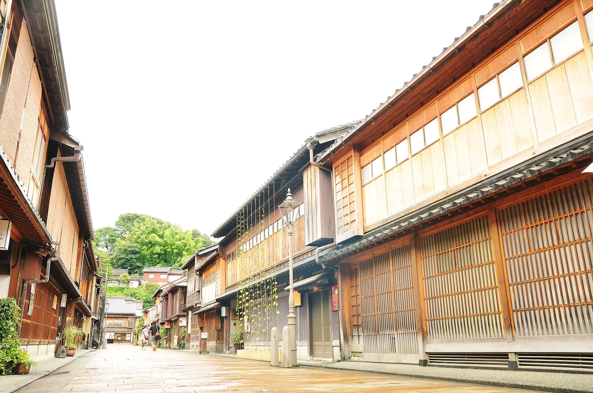 Timber townhouses lining a quiet street in Higashi Chaya