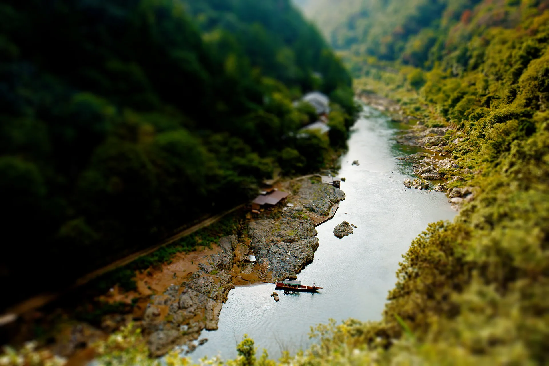 Hozu River and a boat below the Kameyama Park overlook