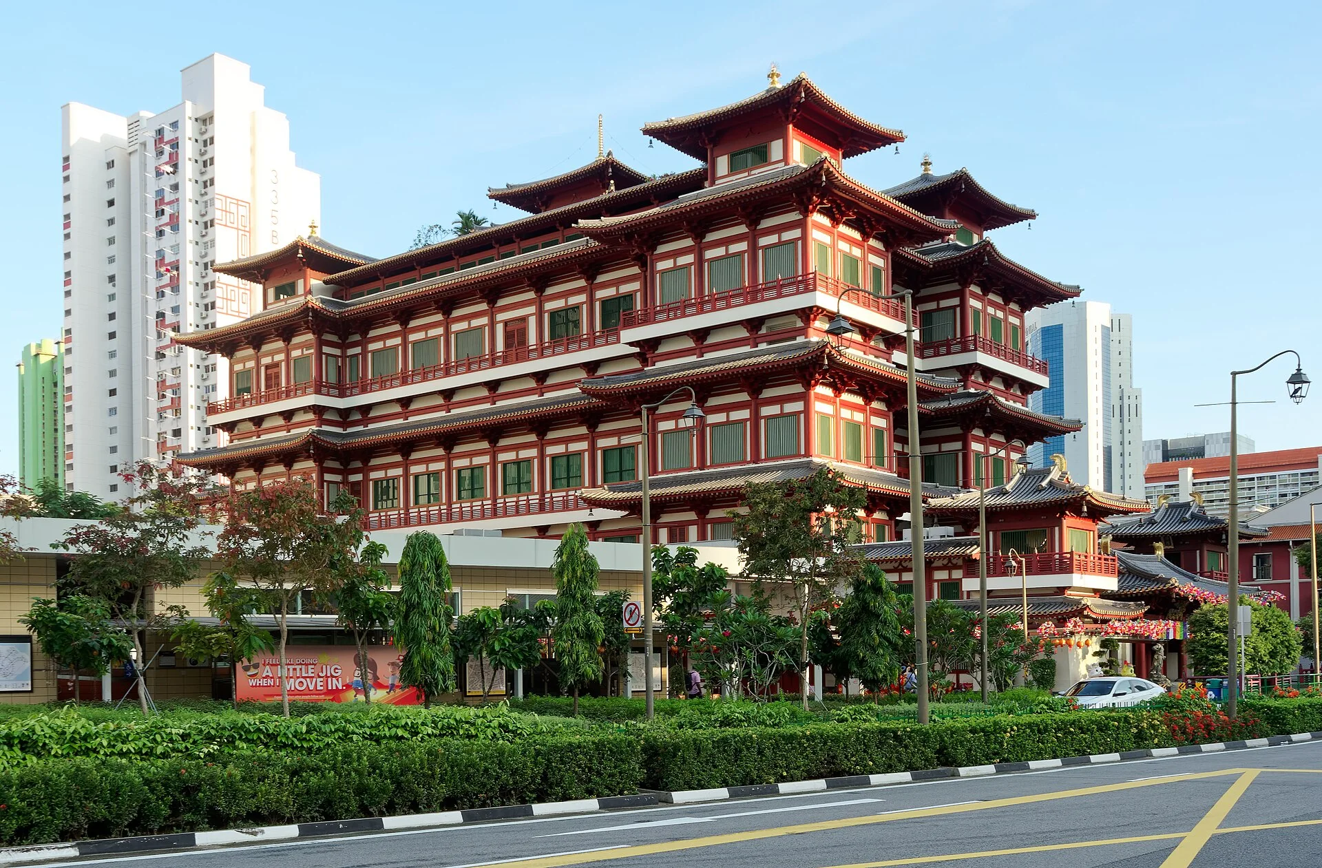 Buddha Tooth Relic Temple exterior across the road