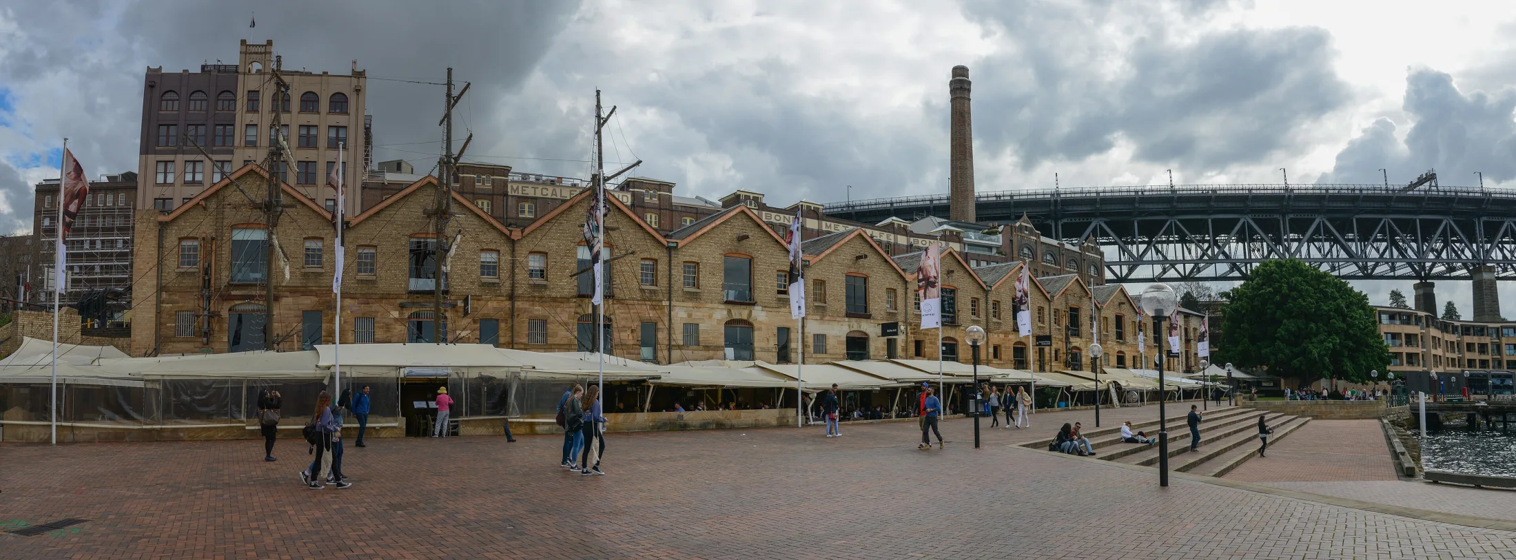 Former waterfront warehouses facing the paved space at Campbells Cove