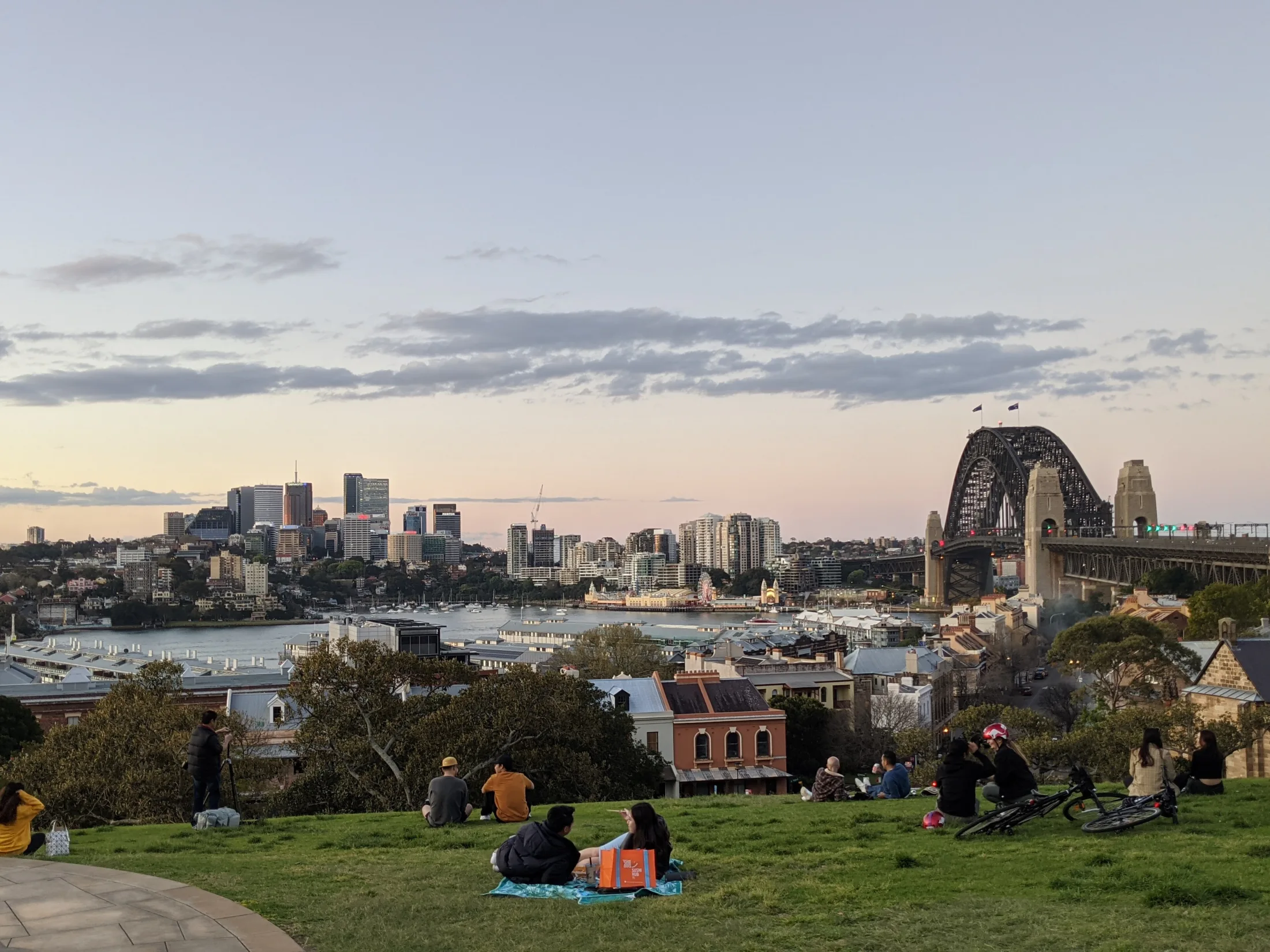 People sitting on Observatory Hill lawn with the Harbour Bridge beyond