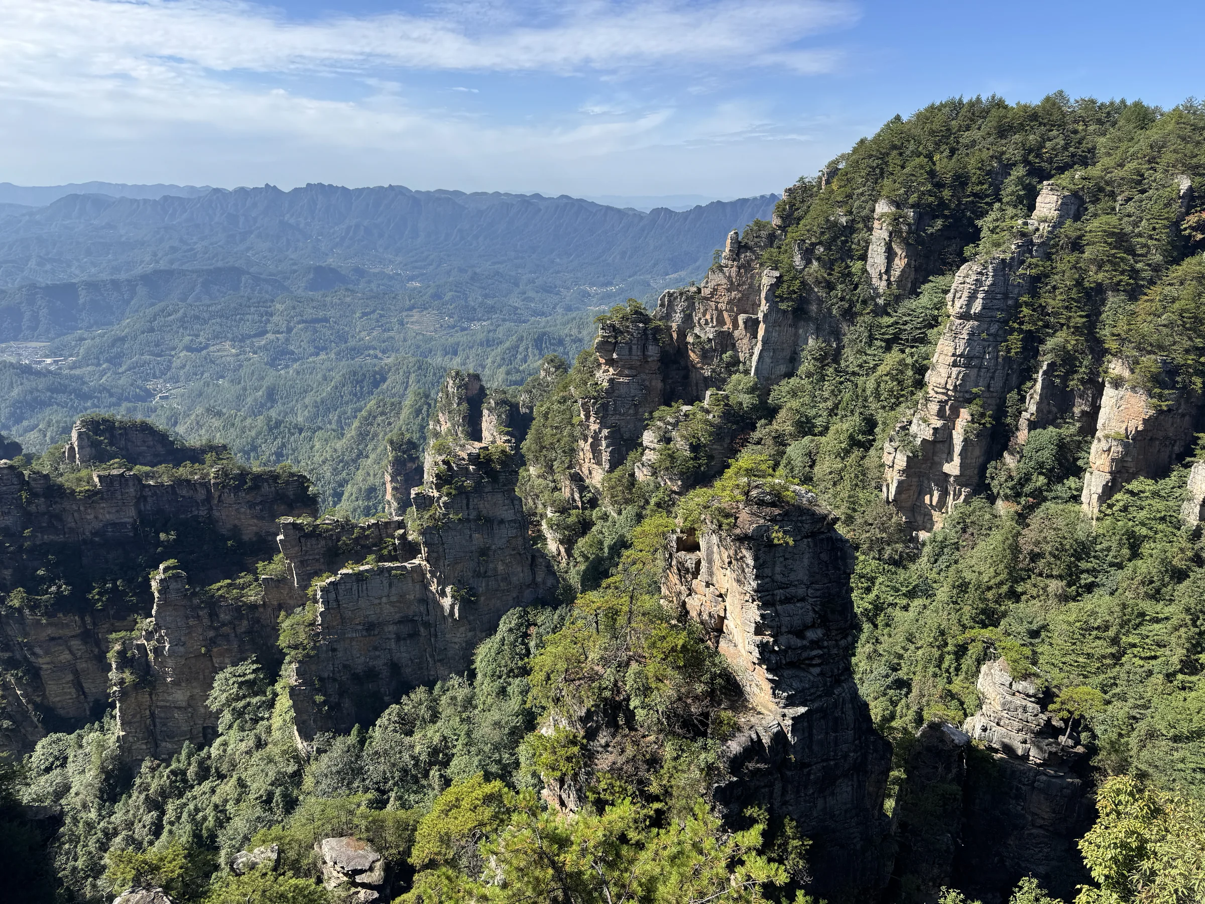 A wall-like ridge of sandstone pillars on the Yuanjiajie plateau